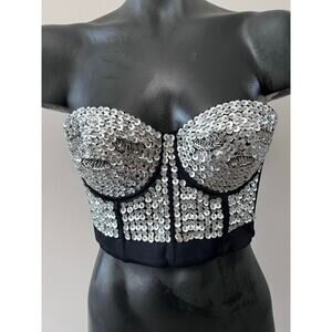 NWT Alivila Y Sequin Bustier Corset Top Sz S Black Silver Coquette Party Club